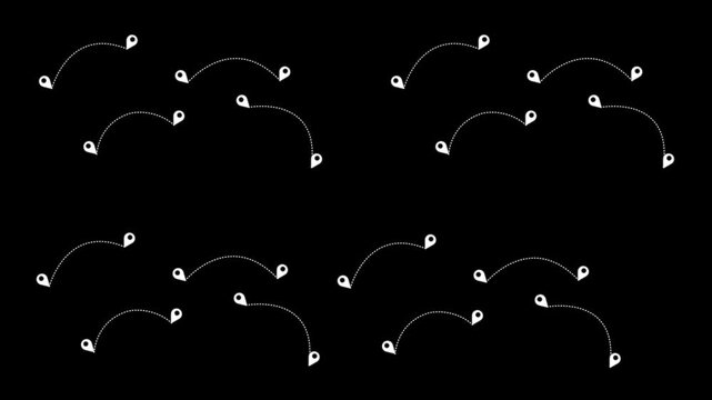 White map pin animation follows curved dotted navigation routes. Travel itinerary coordinates guide the active white map pin. Geographic destination tracking routes with the map pin.