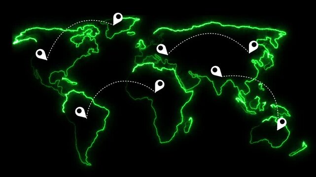 Green world map animation connects continents with travel pins. Dotted global flight routes navigate across the green world map. International telecommunications link to the world map.