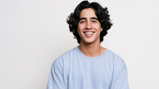 Young Hispanic Man Wearing A Light Blue T-Shirt Mockup Isolated On A Neutral White Background