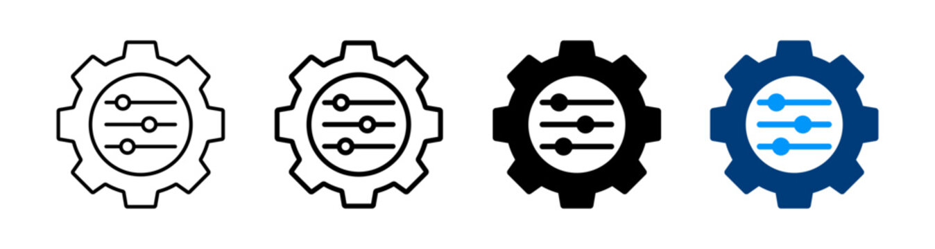 Settings icon. Gear and slider symbol representing setting, configuration, adjustment, control buttons for app, UI and website. Transparent vector
