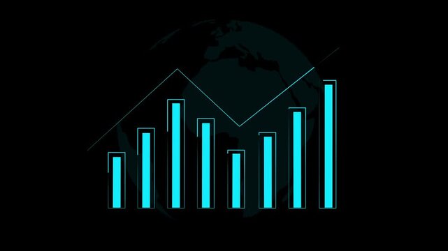 Cyan bar chart animation rises over a dark digital world map. Global economic market progress updates on this cyan bar chart. International financial success drives the cyan bar chart.