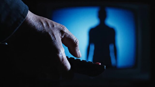 Person using remote control to change channels on old TV with silhouette