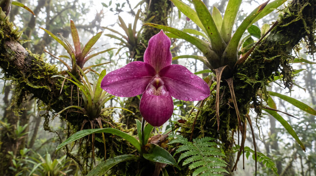 Blooming wild purple orchid Phragmipedium growing on mossy tree branch in tropical cloud forest. Concept of slipper orchid, tropical flower, rainforest, epiphytic, exotic flora.