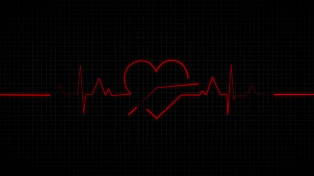 Red heartbeat line animation pulses within a heart outline grid. Medical patient monitor telemetry traces the red heartbeat line. Critical cardiology pulse rates drive this heartbeat line.