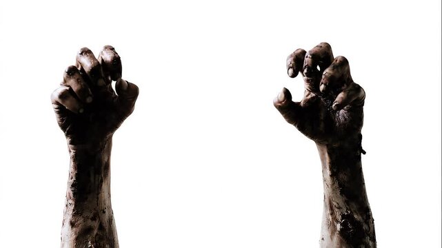 Zombie hands reaching upward with decayed skin, dark stains and dirty wounds isolated on white background, creating a terrifying Halloween horror, undead and zombie apocalypse concept.