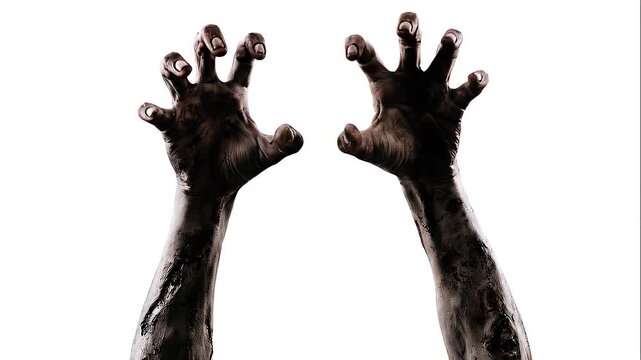 Zombie hands reaching upward with decayed skin, dark stains and dirty wounds isolated on white background, creating a terrifying Halloween horror, undead and zombie apocalypse concept.