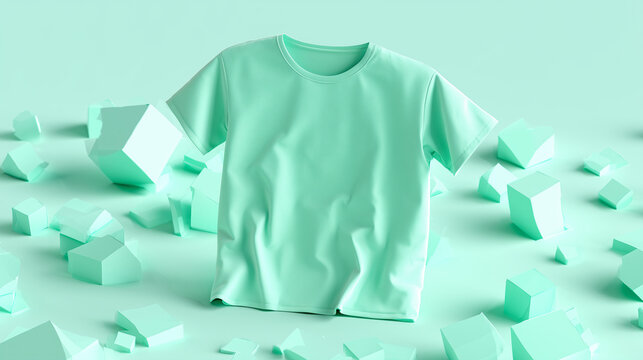 Minimalist Pastel Mint Green T-Shirt Mockup Featuring Floating Geometric Shapes For Fashion Display