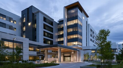 Obraz premium Modern hospital building with glass facade illuminated and landscaped entrance at dusk