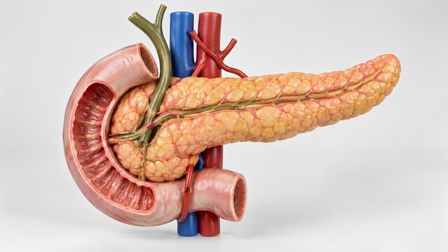 Ultra-realistic anatomical visualization of the human pancreas with duodenum, ducts, vessels, and surrounding structures, presented on a clean light background with professional studio lighting.