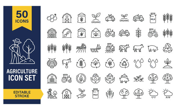 Sustainable agriculture and organic farming outline icon set featuring crop management and rural activities.