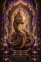 Fototapeta premium Vertical fantasy digital painting of a majestic Naga serpent adorned with intricate gold and amethyst in an ornate temple setting for mystical and cultural storytelling concept