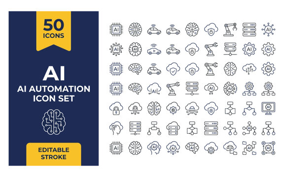 Artificial intelligence automation icon set featuring neural networks machine learning and digital cloud computing data processing symbols.