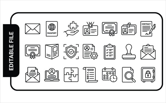 Document and identity verification icons featuring thin line office paperwork symbols for legal business administration.