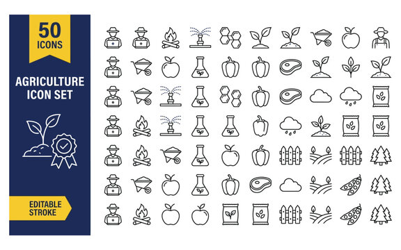 Agriculture icon set with yellow and blue outlined farm crops and nature elements for organic produce.