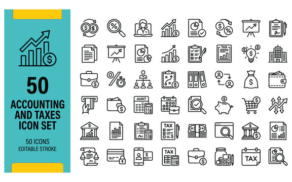 Accounting and taxes icon set with financial business symbols for money management software.
