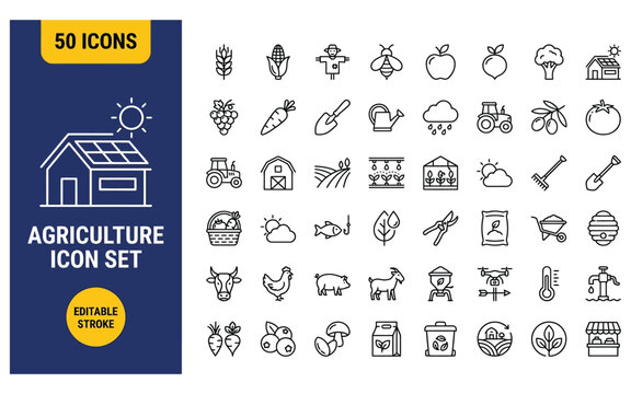Agriculture and farming linear icon set featuring livestock garden tools harvest produce and eco friendly sustainable farm technology.