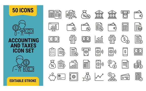 Accounting and taxes line icon set featuring financial symbols for business.