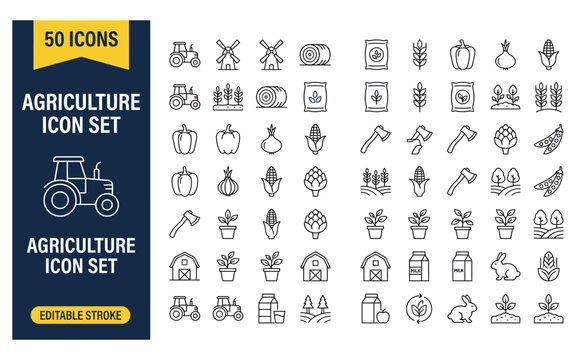 Set of fifty agricultural line icons depicting farm equipment plants and animals for branding and website design projects.