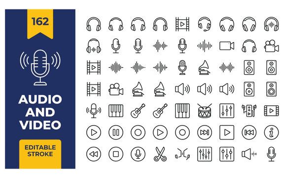 Audio and video entertainment icon collection featuring media player controls and recording equipment symbols.