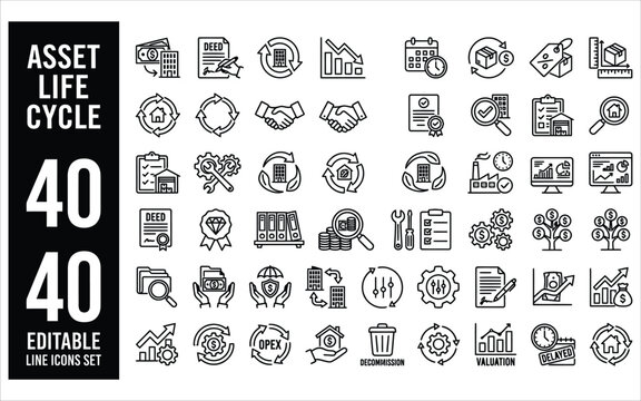 Asset life cycle management line icons collection for business financial planning and property depreciation tracking.