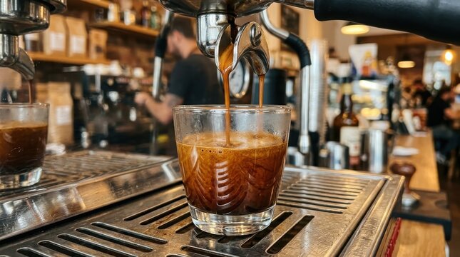 espresso being poured into a glass cup