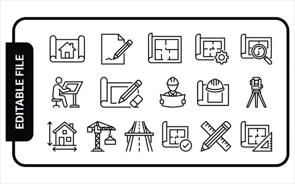 Architectural blueprint and house construction plan icons featuring drafting tools and building engineering symbols for project planning.