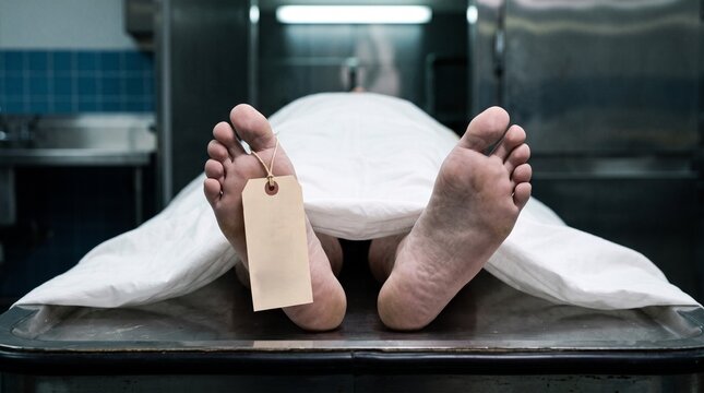 Morgue corpse feet with toe tag, deceased body covered in white sheet, clinical mortuary interior with cold metal table