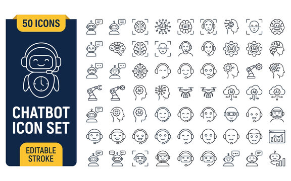 Chatbot line icon set featuring artificial intelligence and robotic assistants.