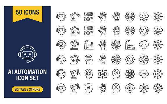 Artificial intelligence automation icon set with robot head and mechanical arm elements for smart technology projects.
