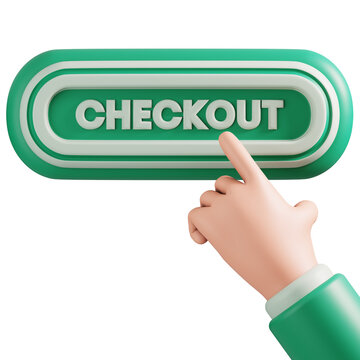 Green checkout button clicked by hand 3D rendering for e-commerce website