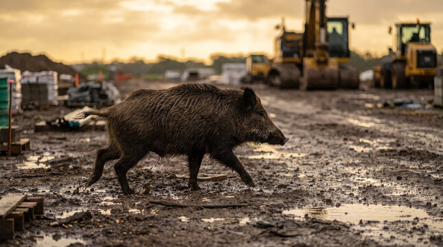 Wild Boar Running Across Muddy Construction Site Near Heavy Industrial Machinery. Concept of hog, wildlife, feral pig, swine, animal, mammal, mud.