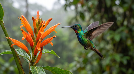 Fototapeta premium Colorful hummingbird flying to feed on orange tropical flower in lush rainforest nature. Concept of hovering, wildlife, exotic bird, green feathers, nectar, costa rica.
