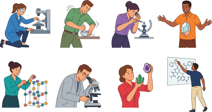 Geologists and Crystallography Scientists Studying Minerals and Crystals Flat Vector Bundle