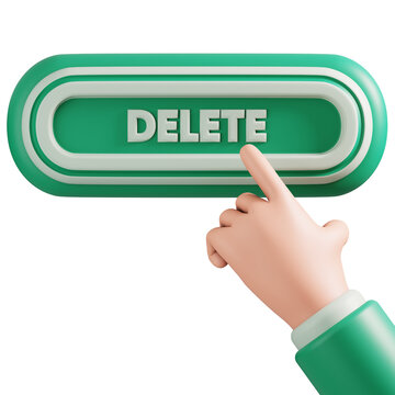Green delete button clicked by hand 3D rendering for website user interface