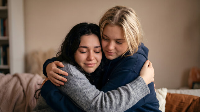Young blonde woman hugging her emotional friend indoors