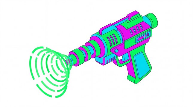 Synthwave retro ray gun toy shooting green spectral rings isometric illustration