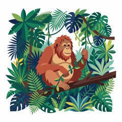 Obraz premium Orangutan in jungle illustration with lush green tropical leaves and branches