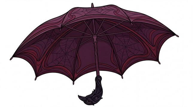 Art nouveau illustration of victorian umbrella with spiderweb pattern and raven handle
