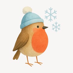 Fototapeta na wymiar Cute robin wearing winter hat.