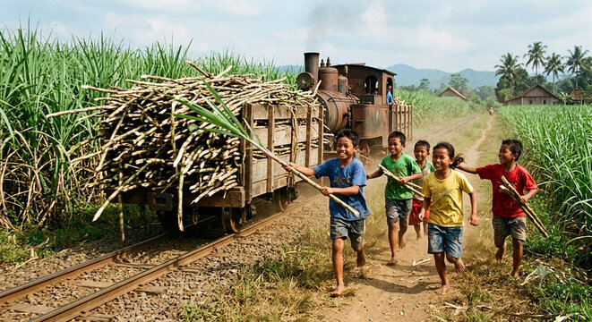 Happy Indonesian village children running alongside a sugarcane train in a plantation