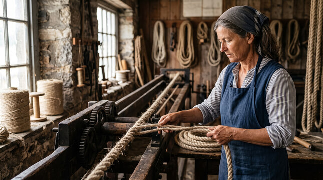 Female artisan twisting natural fibers on vintage ropewalk machine in traditional craft workshop. Concept of rope, ropemaker, craftswoman, ropemaking, twine, hemp rope, handmade, vintage machinery.