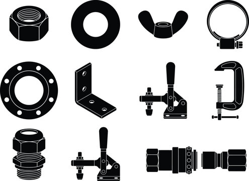 Industrial hardware icons set, black silhouette fasteners and metal parts, 11 engineering components vector, technical equipment tools