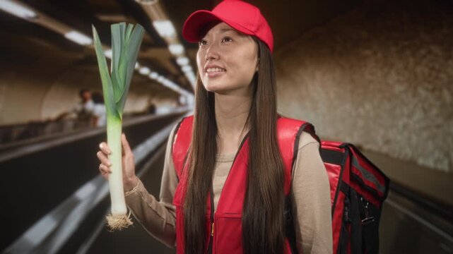 Woman courier holding leek and wearing red cap and insulated delivery backpack in building transit corridor; urban whimsy.