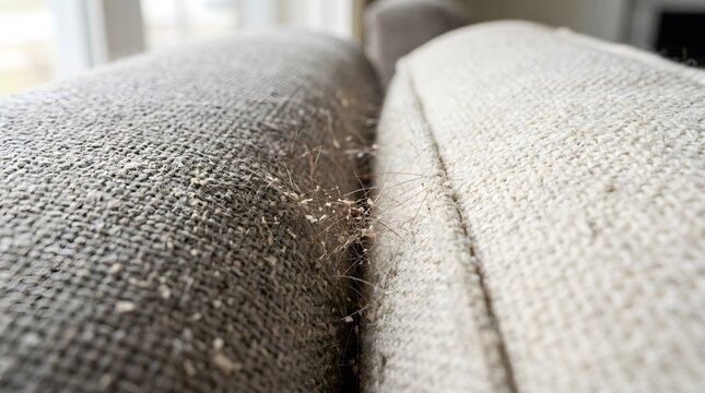 Two couch cushions are close together in a living room setting. The fabric shows signs of wear and collects dust and lint. Natural light comes in through nearby windows