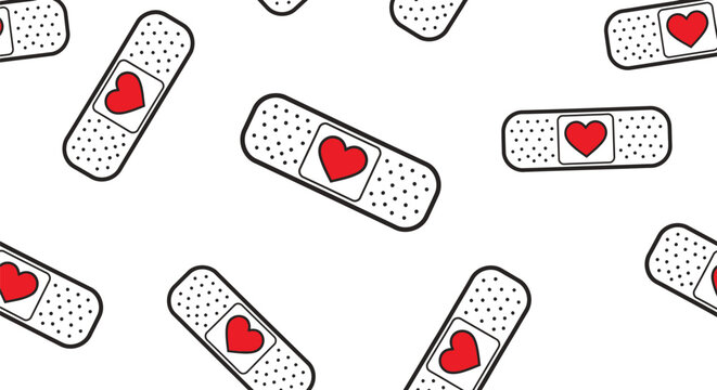 Seamless pattern of medical adhesive bandages with red hearts on white background healthcare concept background for hospital design or clinic promotion art.
