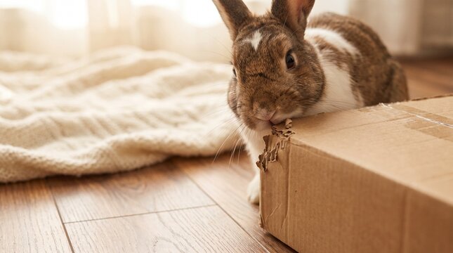 Rabbit chewing on cardboard box on wooden floor, pet play behavior