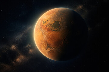 Fototapeta premium A large, reddish-orange planet is visible against a dark, star-filled cosmic background.