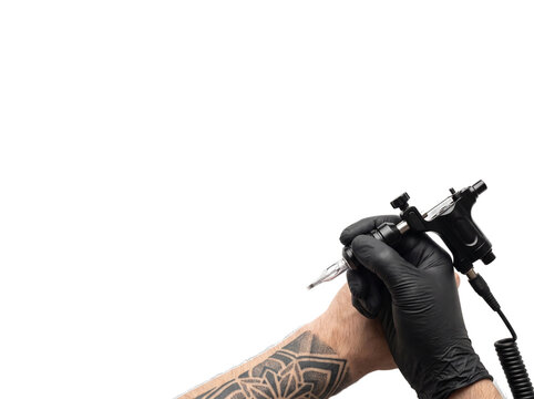 Tattoo Artist Hand in Black Glove Holding Machine on transparent background