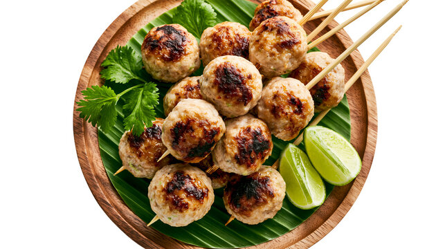 Grilled chicken meatballs on skewers with fresh lime and cilantro on a banana leaf, isolated on transparent background