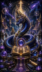 Fototapeta premium Vertical fantasy digital art showcasing majestic dragon amid mystical scrolls and ancient tomes in celestial universe setting for mystical storytelling illustration
